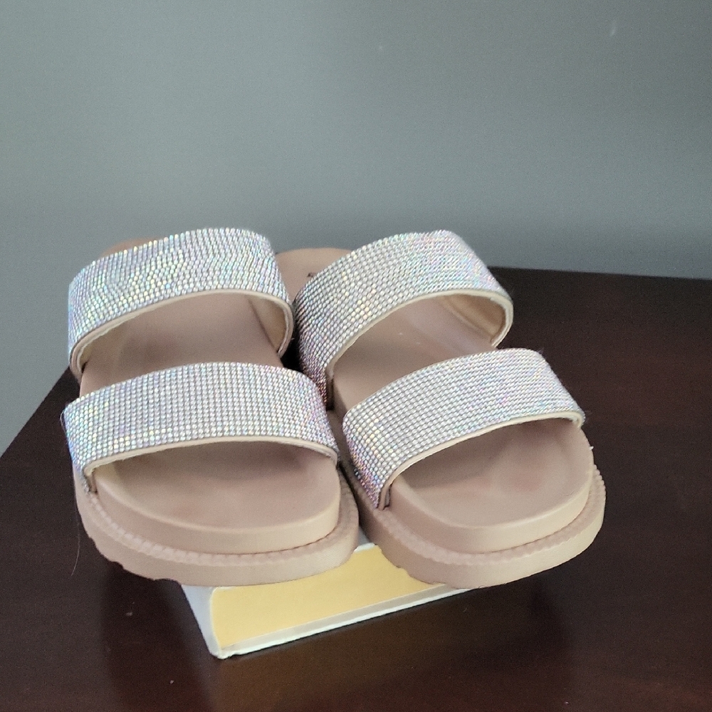 Silver Tan Double-Strap Sandals with Rhinestones